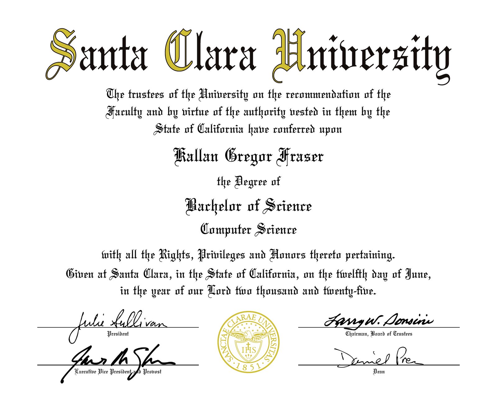 Santa Clara University diploma: Bachelor of Science in Computer Science awarded to Kallan Gregor Fraser, 12 June 2025