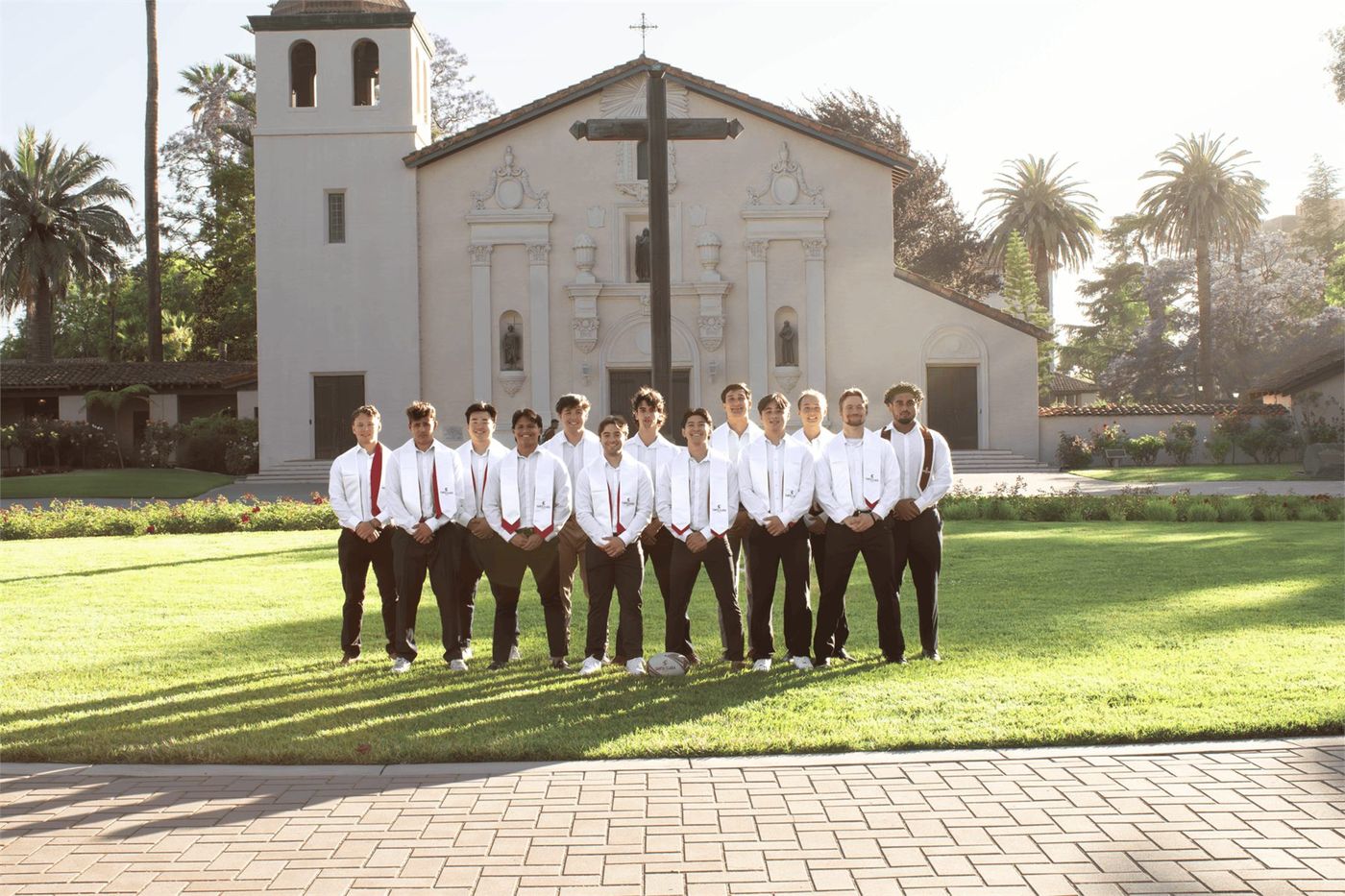 Group portrait in front of the Santa Clara mission